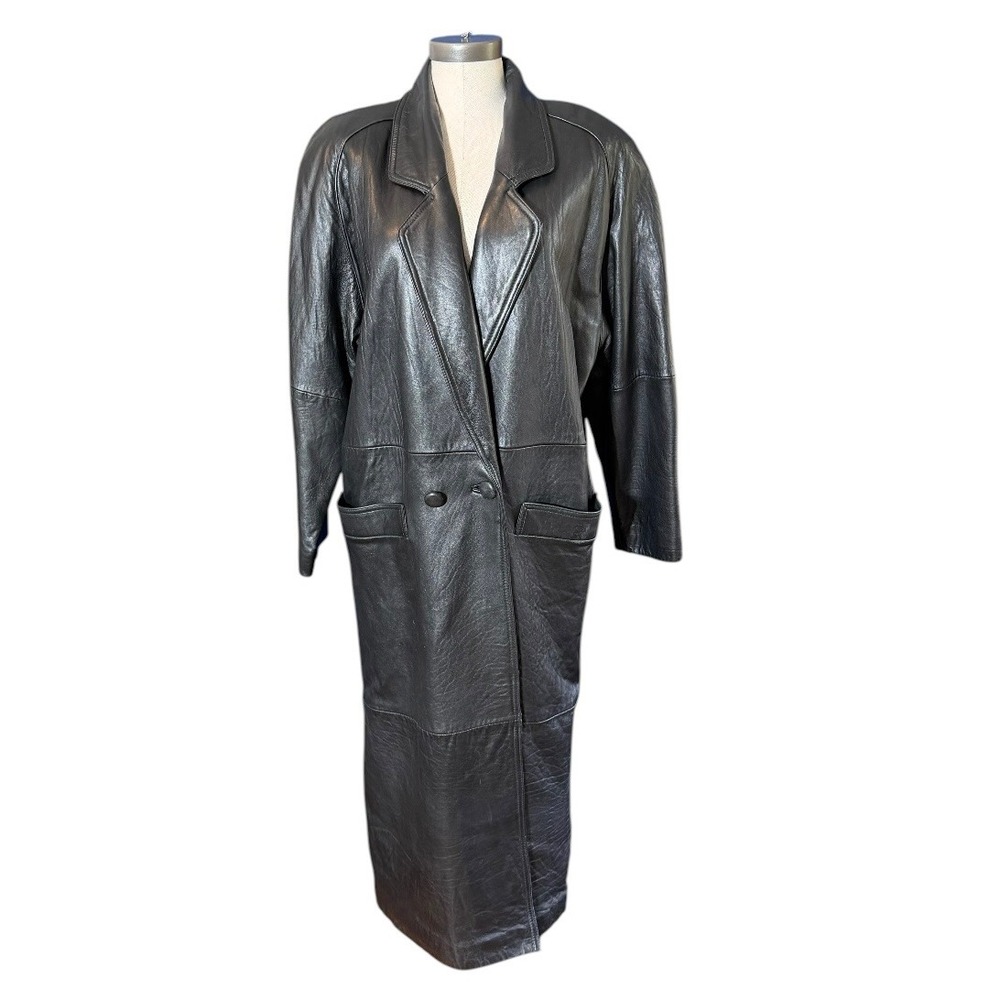 Bon Ton Vintage Black Genuine Leather Trench Coat Duster Medium Korea Made